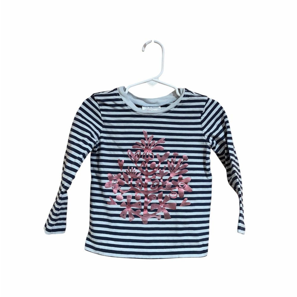 Hanna Andersson Striped Long Sleeve Tee Girls US 3 90cm Blue Floral Graphic